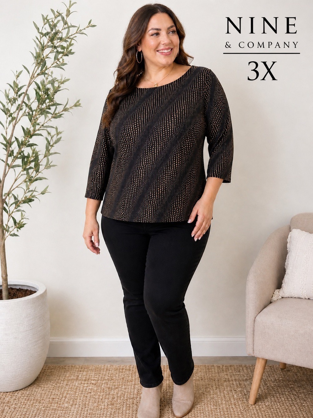 Nine & Company Black & Tan polka dot Patterned Top 3X